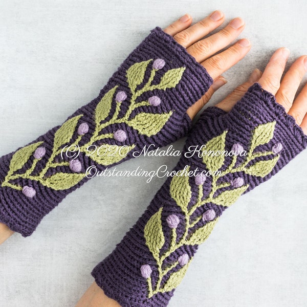 PATTERN - Chauffe-poignets au crochet - Hedera - Mitaines, gants, mains sans doigts - Chauffe-poignets pour femmes, adolescents - En relief - Graphiques - Haalpatroon - PDF