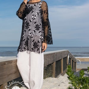 Bohemia Tunic / Dress crochet pattern made with joined-as-you -go square lace motifs. Choose between 3 lengths and 3 necks (v, scoop, boat).