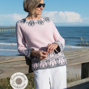 Tulip Sweater Crochet PATTERN - Overlay Mosaic crochet Pullover, Top, Jumper with Flowers around the yoke, hem, and sleeve cuffs. Short and long sleeve versions.