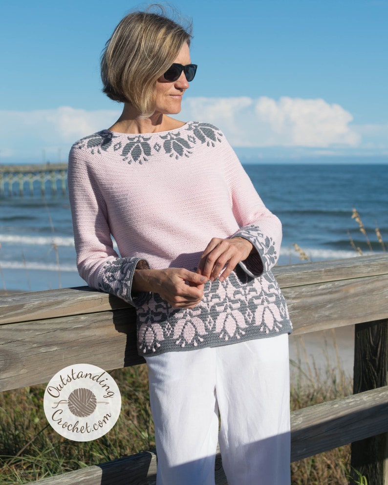 Tulip Sweater Crochet PATTERN - Overlay Mosaic crochet Pullover, Top, Jumper with Flowers around the yoke, hem, and sleeve cuffs. Short and long sleeve versions.