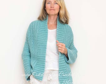 Crochet Cardigan PATTERN - Aquatic - Women Sweater, Open Front Jacket - Sizes Small to Plus sizes - Beginner Easy - PDF
