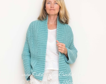 Crochet Cardigan Pattern - Aquatic women sweater, Open front jacket - Small to Plus size - PDF