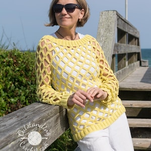 Women Crochet Sweater PATTERN  - Off-Shoulder Sunny Seine Summer Net Mesh Top, Pullover, Jumper - Small to XL - PDF