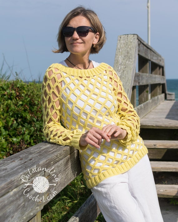 Women Crochet Sweater PATTERN Off-shoulder Sunny Seine Summer Net Mesh Top,  Pullover, Jumper Small to XL PDF 