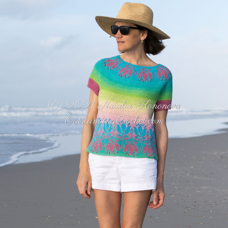 Tulip Sweater Crochet PATTERN - Overlay Mosaic crochet Pullover, Top, Jumper with Flowers around the yoke, hem, and sleeve cuffs. Short and long sleeve versions.
