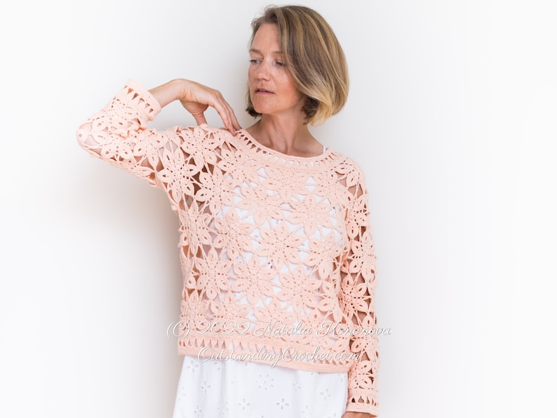 Crochet Sweater PATTERN - Coral - Women Summer Top, Pullover, Jumper - Long Sleeve - Plus Sizes - Crochet Lace