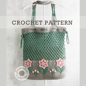 PATTERN  - Windflower Crochet Bag - Women Shoulder Bag, Handbag, Beach Bag, Market Net Mesh, Tote, Embossed 3D - Haakpatroon - PDF
