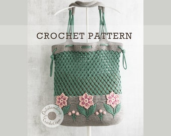 PATTERN  - Windflower Crochet Bag - Women Shoulder Bag, Handbag, Beach Bag, Market Net Mesh, Tote, Embossed 3D - Haakpatroon - PDF