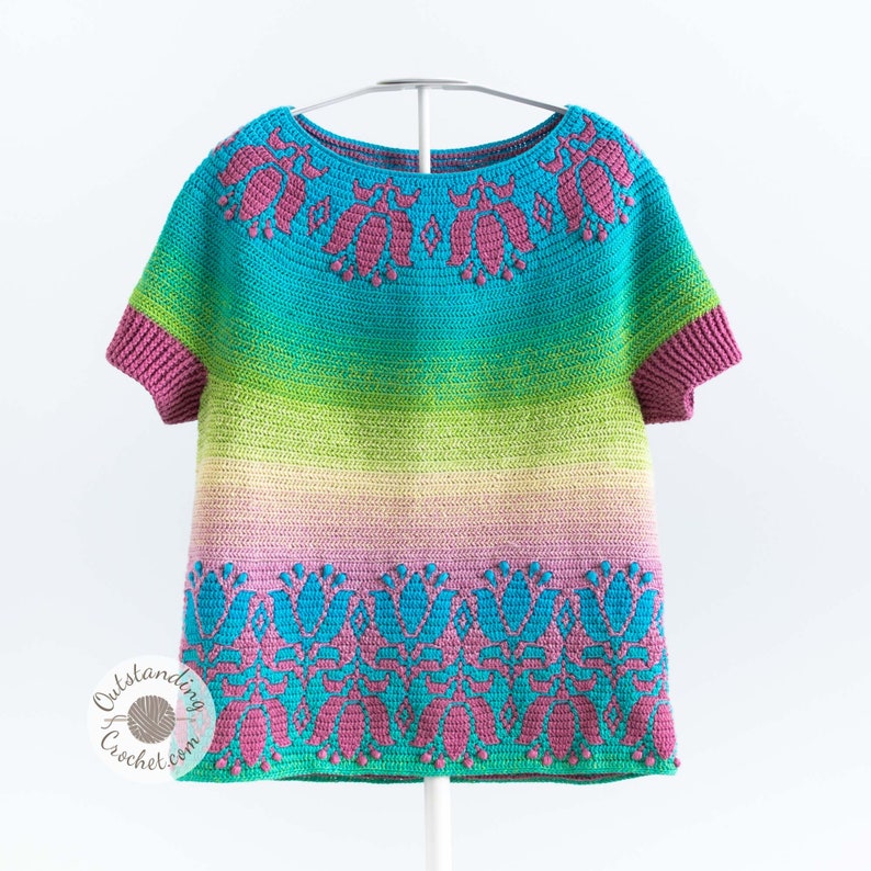 Tulip Sweater Crochet PATTERN - Overlay Mosaic crochet Pullover, Top, Jumper with Flowers around the yoke, hem, and sleeve cuffs. Short and long sleeve versions.