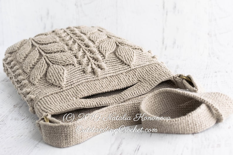 Crochet Bag Pattern: Unique embossed crochet shoulder-bag, cross-body bag, hand-bag with 3D branches and leaves.