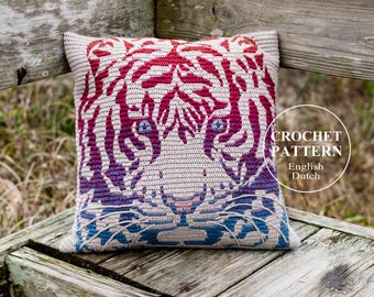 Tiger Pillow Bag Crochet PATTERN - Overlay Mosaic Cushion, Women Shoulder Bag, Tote - Animal Print - English and Dutch Haakpatroon - PDF