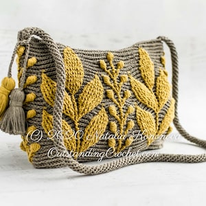 Crochet bag pattern: shoulder, cross-body embossed crochet multicolored bag with 3D leaves and branches, embellished by tassels and spiral cord strap.
