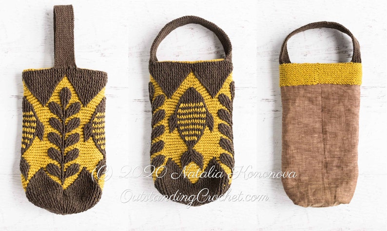 Crochet bag pattern: water bottle holder with a handle, made in embossed crochet technique,features a fish and branches.