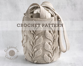 Climbing Vine Bag Crochet PATTERN - Women Embossed Handbag,Purse, Shoulder, Crossbody, Messenger - 3D Textured Cabled Leaf - PDF