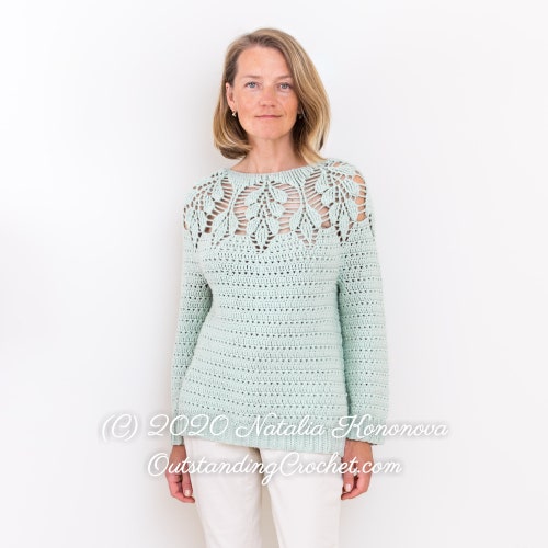 Crochet Sweater PATTERN Leaf Yoke Women 