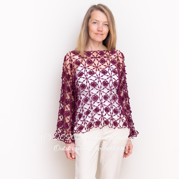 Boat Neck Top Crochet PATTERN - Seamless Lace Pullover, Jumper, Cover Up, Drop Shoulder, Boat Neck, Oversized - Plus sizes - PDF