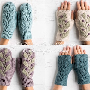 Crochet Mittens PATTERN and Crochet Wrist Warmers PATTERN Combo Fingerless Gloves Mitts for Women Kids Hedera Charts, Videos PDF image 1