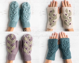 Crochet Mittens PATTERN and Crochet Wrist Warmers PATTERN - Combo - Fingerless Gloves Mitts for Women Kids - Hedera - Charts, Videos - PDF