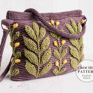 MOTIF au crochet - sac Meadow - sac à main pour femme, épaule, bandoulière, messager, bohème - en relief, câble 3D - anglais, Haakpatroon - PDF