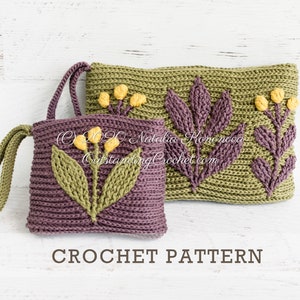 Crochet pattern set: Meadow embossed crochet clutch and wallet/ coin purse with branches and flowers.