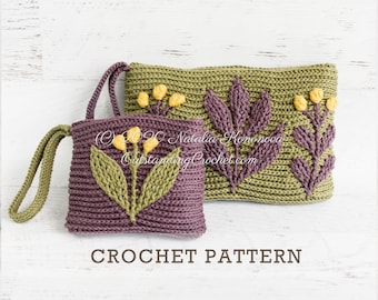 Crochet Clutch and Coin Purse PATTERN - Meadow - Embossed Women Bag, Pouch, Cosmetic, Project, Boho - Embossed, 3D Cabled - Video, Charts