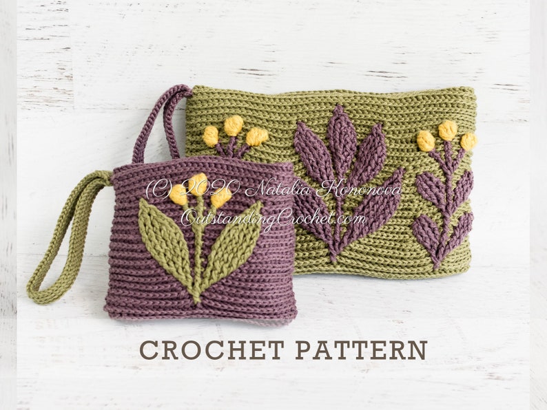 Crochet pattern set: Meadow embossed crochet clutch and wallet/ coin purse with branches and flowers.
