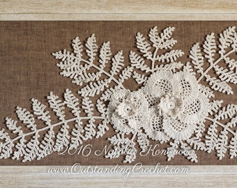 Irish Crochet  Applique PATTERN - Poppy Flower with Fern - Leaf Lace Motif - Fiber Art - Home Wall Decor - PDF