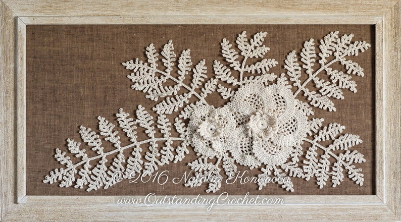 Irish Crochet Applique PATTERN Poppy Flower with Fern Leaf Lace Motif Fiber Art Home Wall Decor PDF image 1