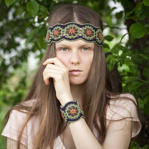 Gehaakte hoofdband, armband PATROON - Midzomer - Fiber Sieraden Set - Boho Chic Festival Hoofddeksel, Polsmanchet - Grafieken, Stapfoto's - PDF