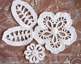 Irish Crochet Flower Leaf PATTERN - Applique Flower Leaf Lace Motifs - Crochet Embellishment - PDF - Step-by-Step Pictures