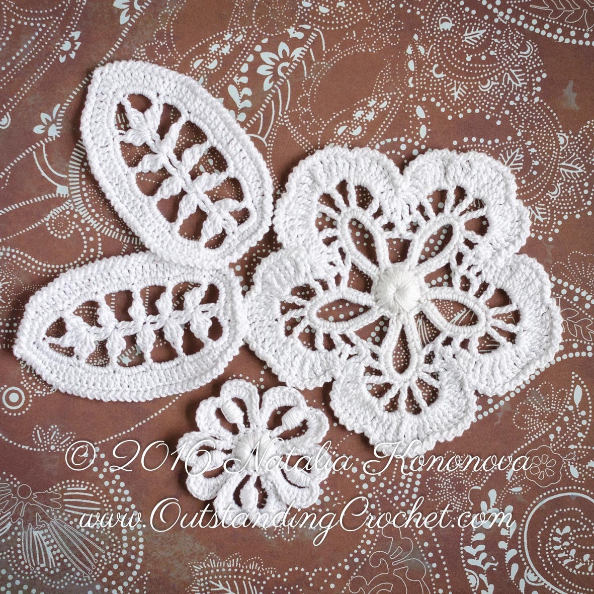 Crochet Multi layered Flower Applique in Off White with leaves