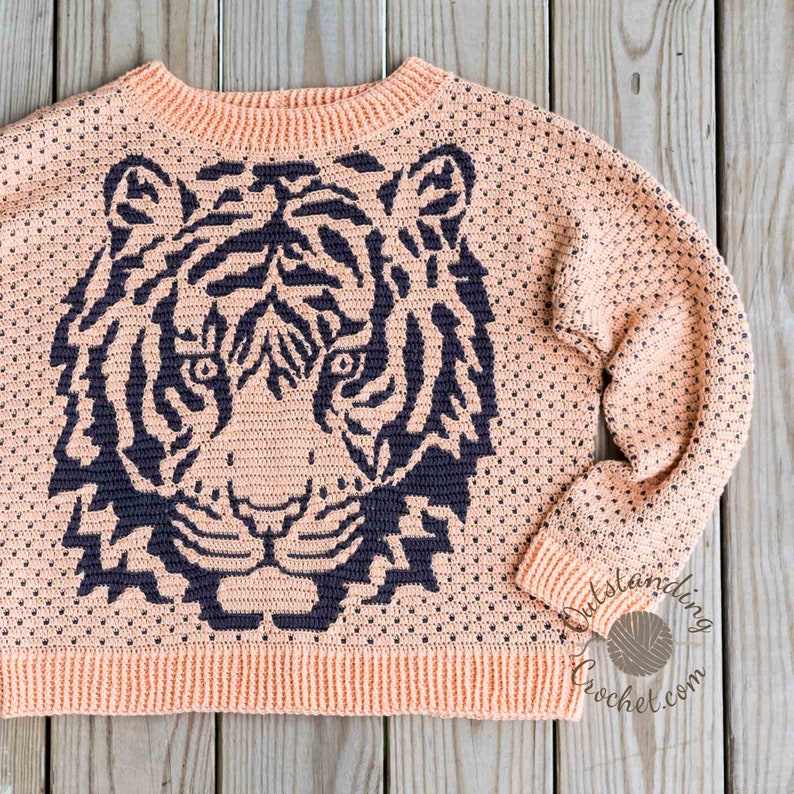 Tiger Sweater Crochet PATTERN - Overlay Mosaic Pullover, Jumper - Crew Neck - from Small to plus size 3X - Oversized Loose Fit