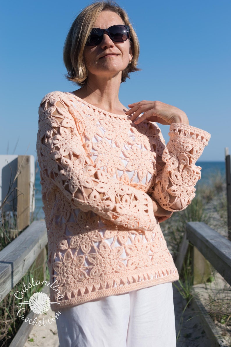 Crochet Sweater PATTERN - Coral - Women Summer Top, Pullover, Jumper - Long Sleeve - Plus Sizes - Crochet Lace