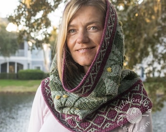 Forager Snood Crochet PATTERN - Cowl Scarf  - Overlay Mosaic Crochet - Hooded Cowl - Women Accessory - PDF