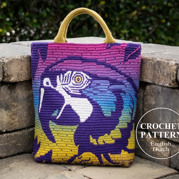 Parrot Bag Pillow Crochet Pattern - Overlay Mosaic Macaw Tote, Cushion - Tropical (PDF Download)