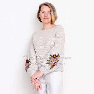 Crochet Sweater PATTERN - Primrose - Women Pullover, Jumper with Balloon Puffed Sleeves and Flower Applique