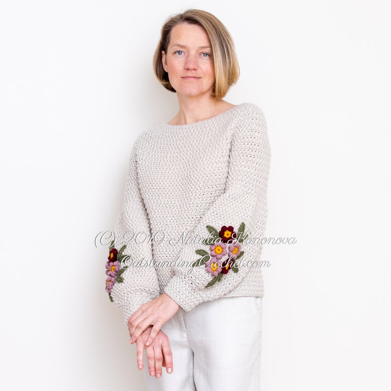 Crochet Sweater PATTERN - Primrose - Women Pullover, Jumper with Balloon Puffed Sleeves and Flower Applique