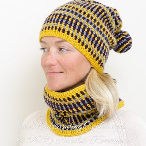 Striped Crochet Hat Cowl Set PATTERN - Women Pom Pom Slouchy Beanie - Baby, Toddler, Girls, Boys, Kids, Children, Men, Adult Sizes - PDF