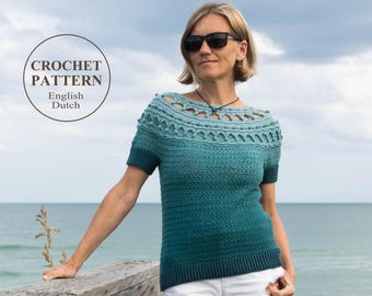 Crochet Top Pattern - Coquette - Women textured yoke sweater, pullover - Plus sizes - English and Dutch haakpatroon - PDFs