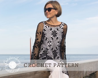 Robe bohème, tunique au crochet - Haut en dentelle, vêtement de plage - Manches longues, col en V ou encolure dégagée - Oversize - PDF