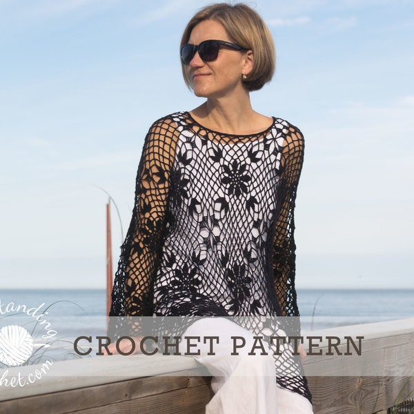 Robe bohème, tunique au crochet - Haut en dentelle, vêtement de plage - Manches longues, col en V ou encolure dégagée - Oversize - PDF