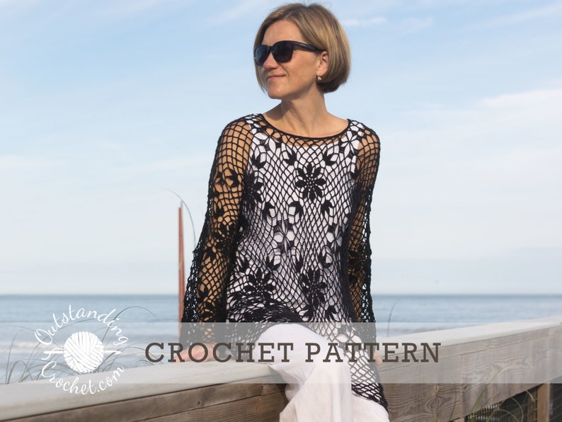 Bohemia Tunic / Dress crochet pattern made with joined-as-you -go square lace motifs. Choose between 3 lengths and 3 necks (v, scoop, boat).