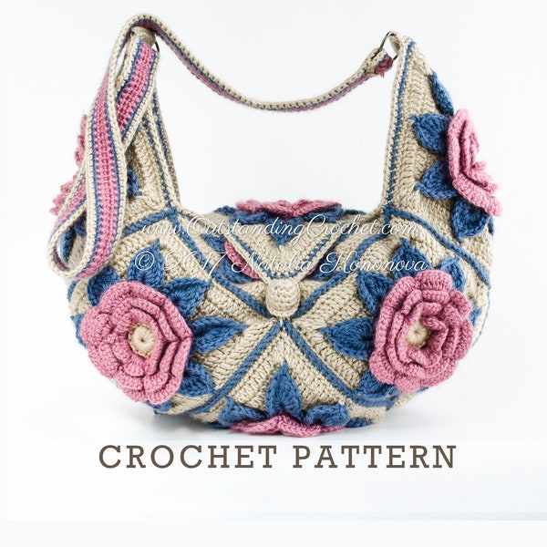 Crochet Purse PATTERN - 3D Flower Motif Cross-body Bag - Messenger Shoulder Bag - Hippi, Boho Chic, Festival Style - PDF