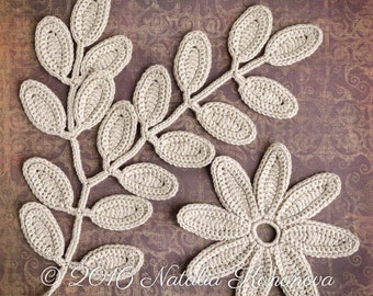 Irish Crochet Applique PATTERN - Fantasy Flower Leaf - Lace Motifs, Embellishment, Home Wall Decor - PDF