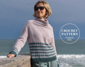 Aurora Sweater Crochet PATTERN -  Women Pullover - Multicolored Jumper with Cowl Collar (PDF)