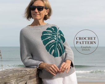 Monstera Sweater Crochet PATTERN - Overlay Mosaic - Women Oversized Pullover, Jumper - (PDF)