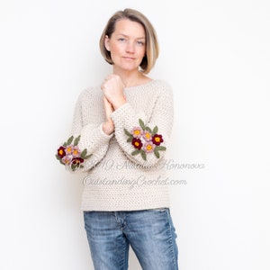 Crochet Sweater PATTERN - Primrose - Women Pullover, Jumper with Balloon Puffed Sleeves and Flower Applique - PDF