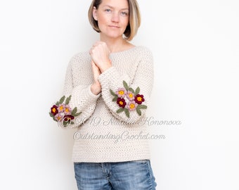 Crochet Sweater PATTERN - Primrose - Women Pullover, Jumper with Balloon Puffed Sleeves and Flower Applique - PDF