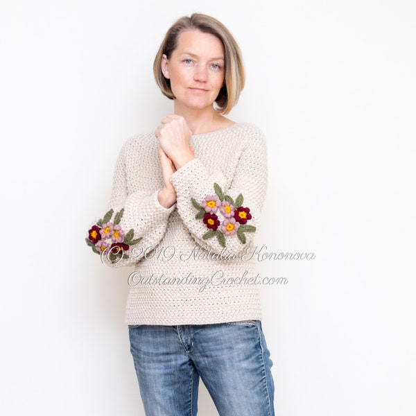 MODELLO Maglione all'uncinetto - Primula - Pullover da donna, maglione con maniche a sbuffo a palloncino e applicazione di fiori - PDF