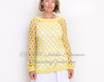 Off-Shoulder Crochet Sweater PATTERN  - Sunny Seine - Women Summer Net Top, Pullover, Jumper - Small to XL - PDF